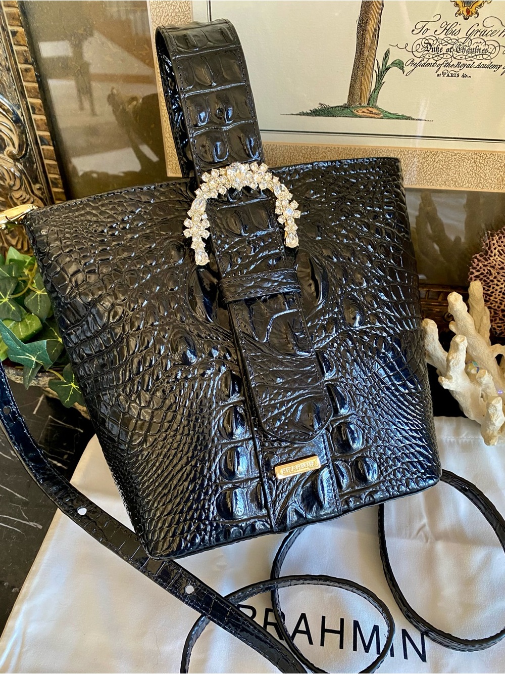 BRAHMIN BLACK LUXE FAITH HANDBAG ~SWAROVSKI CRYSTALS (($365)) Luxury Black Croc